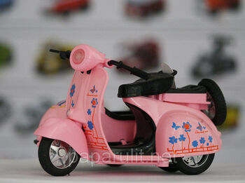 Мотороллер с коляской розовый игрушечный металлический, свет, звук, 12см